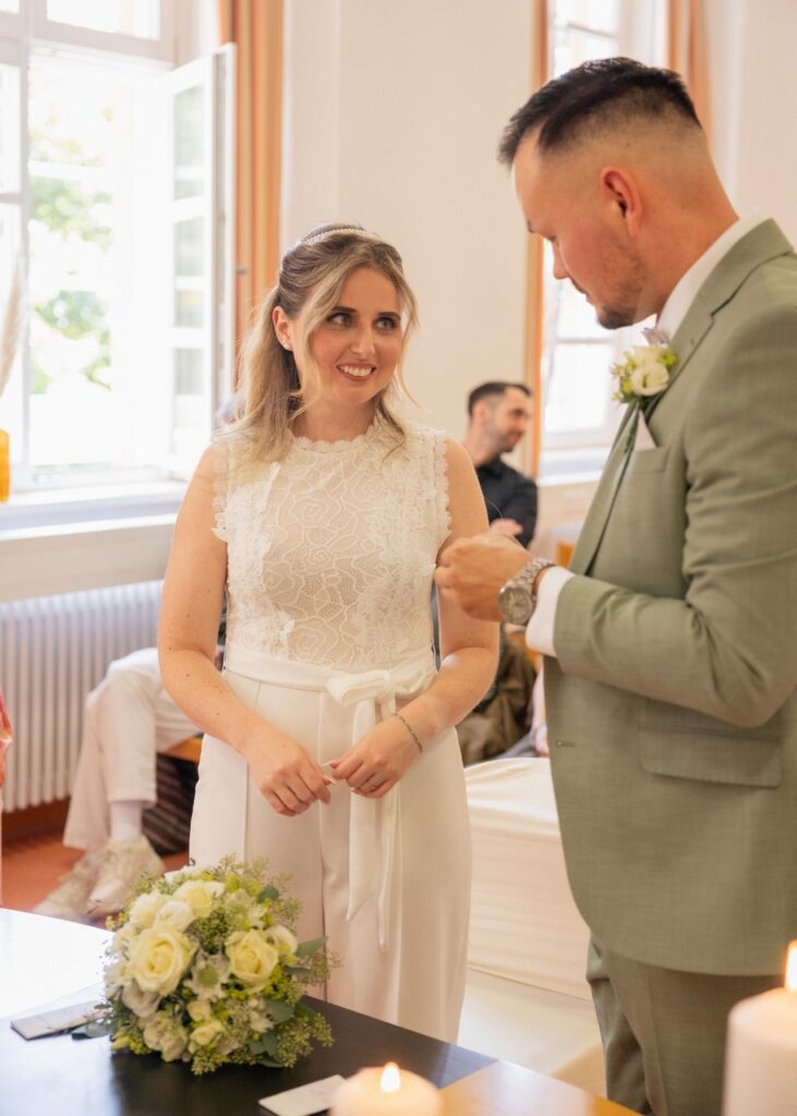 Bride and groom sharing a smile during their civil wedding ceremony
